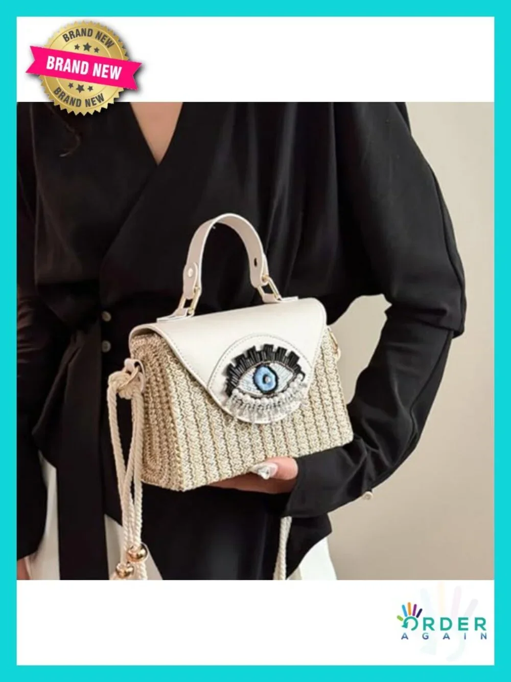 Handmade Boho Straw Crossbody Bag with Evil Eye Embellishment_4